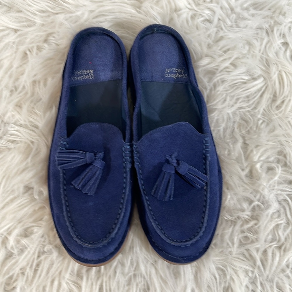 JEFFREY CAMPBELL Tassel Leather Slip On Loafer Mule Dark Blue Suede Size 8.5 - Picture 4 of 14